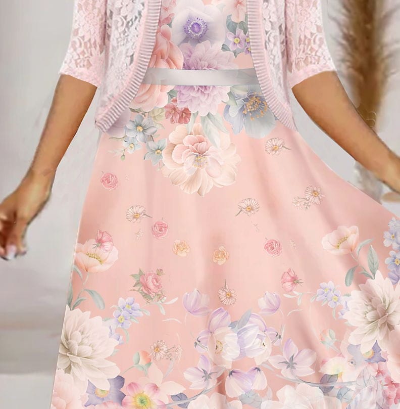 Women's Dress Set Midi Dress Pink Half Sleeve Floral Print Lace Print Spring Summer Crew Neck Stylish Elegant 2022 S M L XL XXL 3XL 4XL 5XL