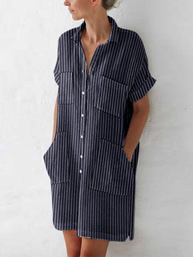 Women's Elegant Striped Cotton Shirt Dress