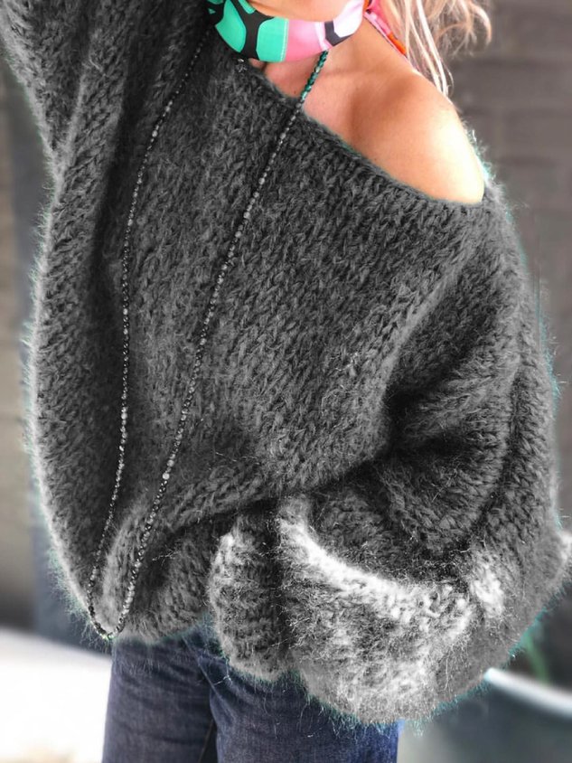 Green Solid Off Shoulder Knitted Casual Sweater