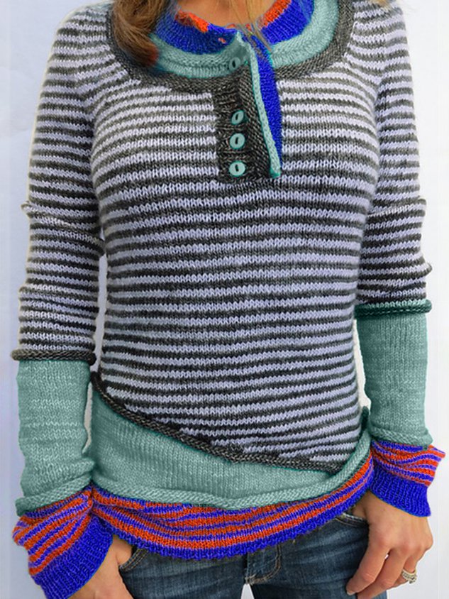 Red Wool Blend Long Sleeve Striped Paneled Sweater