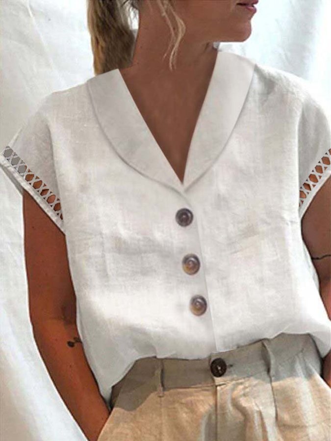 Women's Cotton Linen Lace Button-Up Shirt