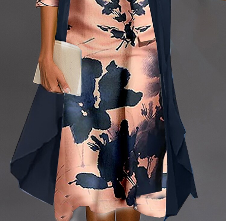 Women's Dress Set Two Piece Dress Midi Dress Blue 3/4 Length Sleeve Print Print Fall Winter Crew Neck Fashion Modern 2022 S M L XL 2XL 3XL