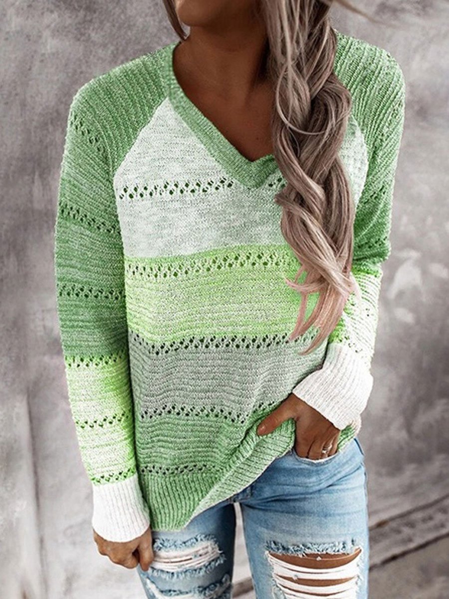 V-neck long sleeve color block sweater