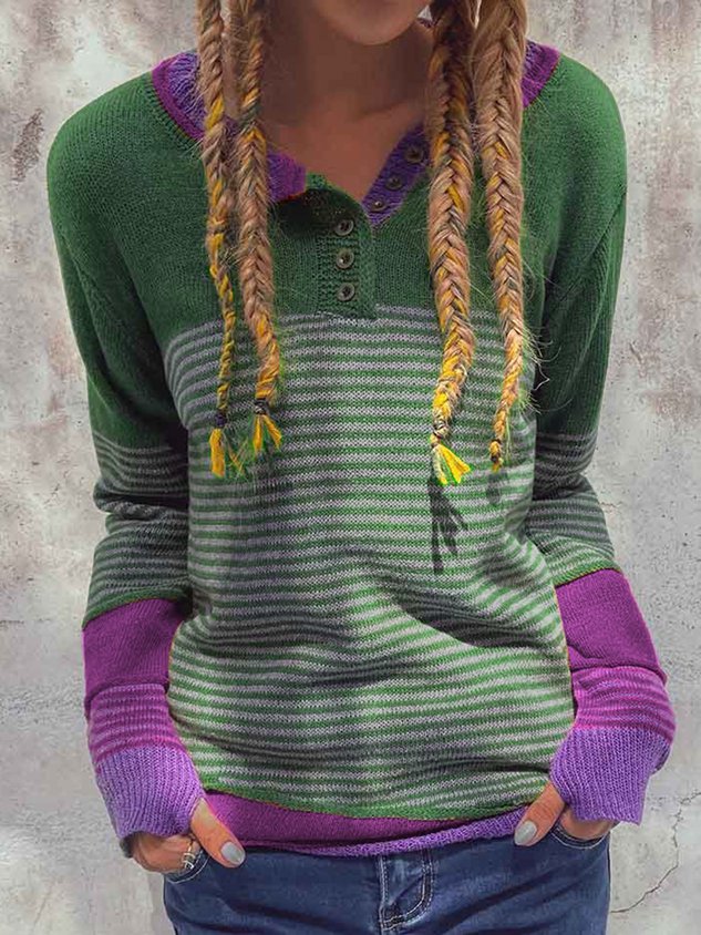 Striped Buttoned Color-block Knitted Tops