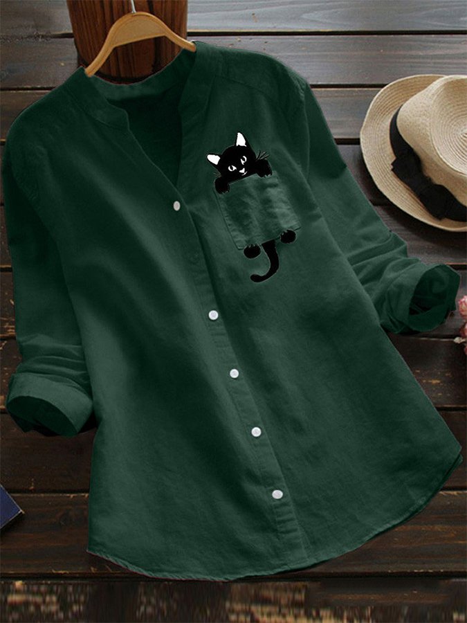 Women's Cotton Linen Cat Print Casual Loose Long Sleeve Shirt