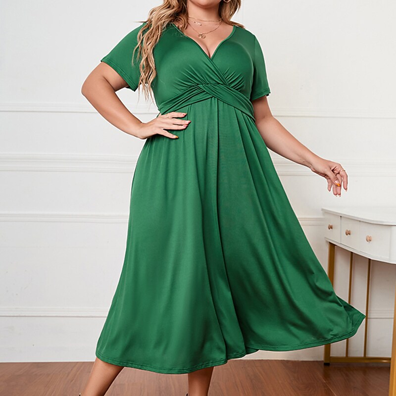 Women's Plus Size Casual Dress Pure Color V Neck Short Sleeve Fall Winter Casual Midi Dress Causal Daily Dress
