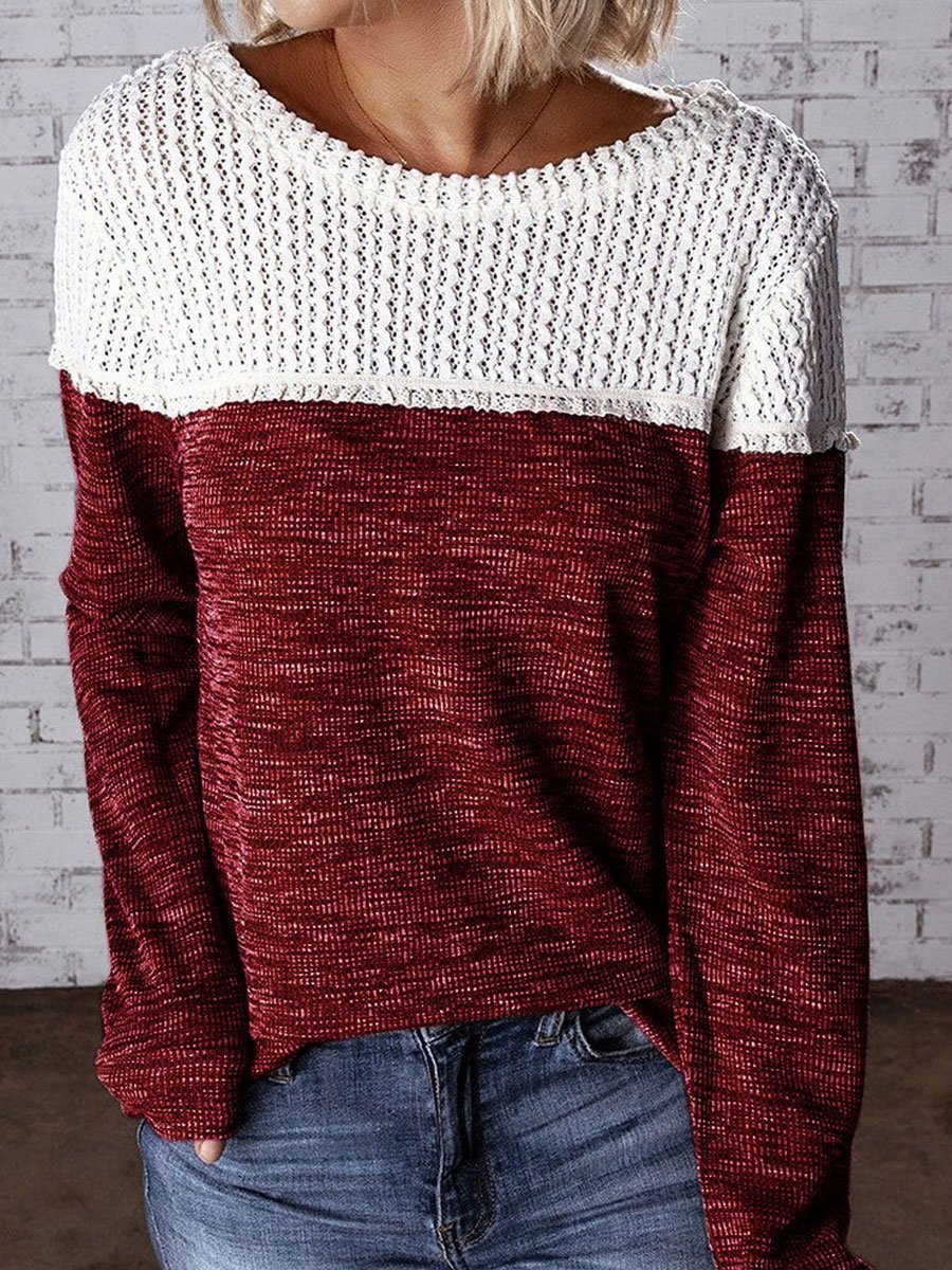Round neck stitching knitted sweater