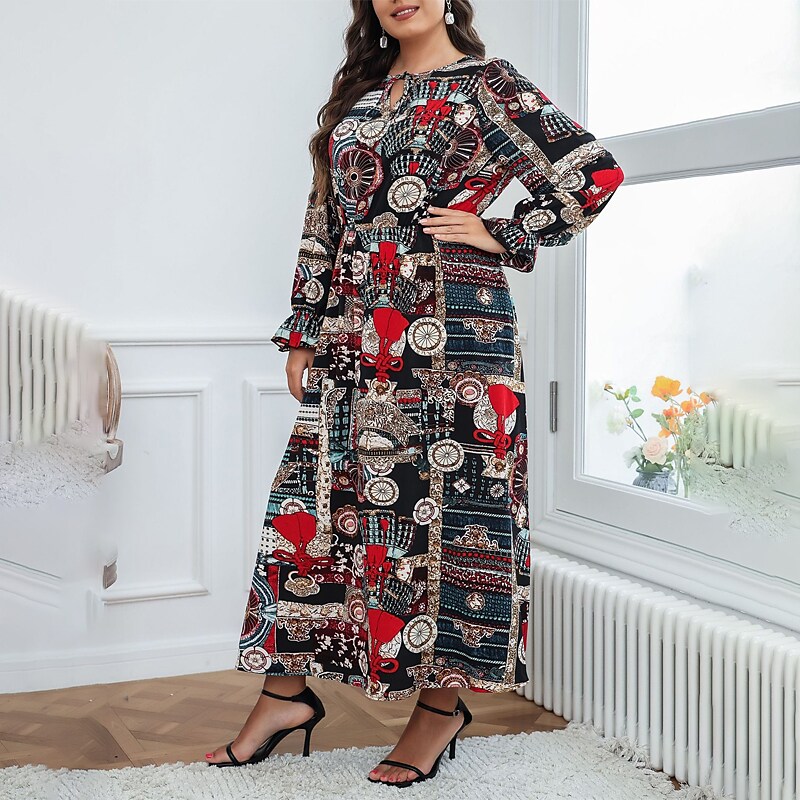 Women's Plus Size A Line Dress Print Crew Neck Long Sleeve Fall Winter Stylish Casual Maxi long Dress Date Vacation Dress