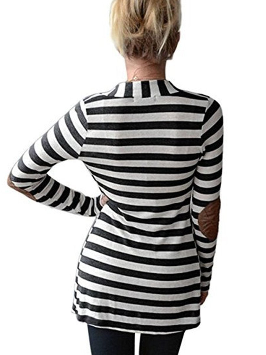 Slim Long Sleeves Striped Arm Patched Cardigan