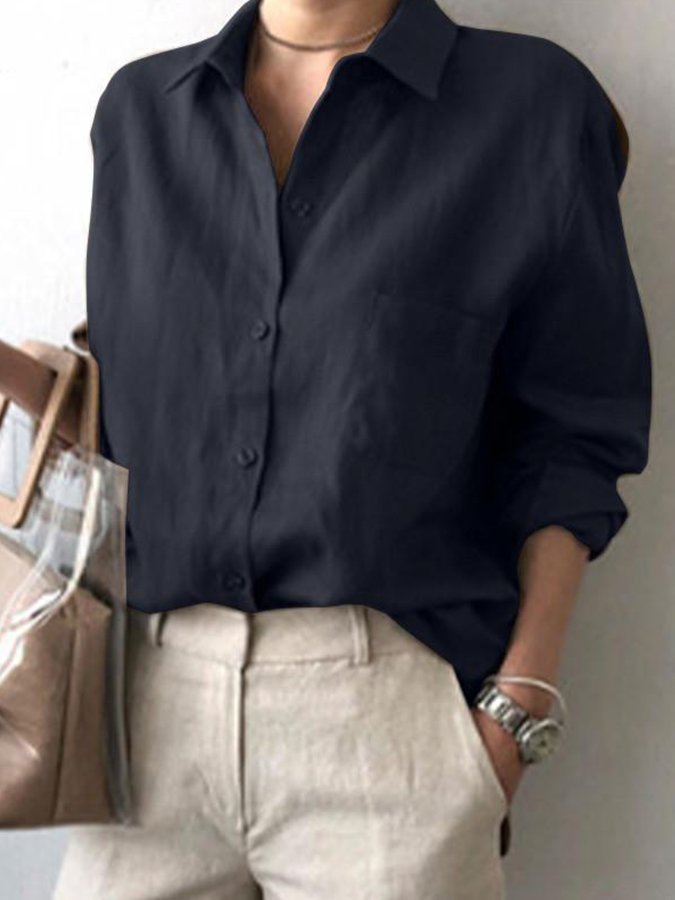Women's Cotton Linen Solid Color Fashion Commuter Casual Shirt