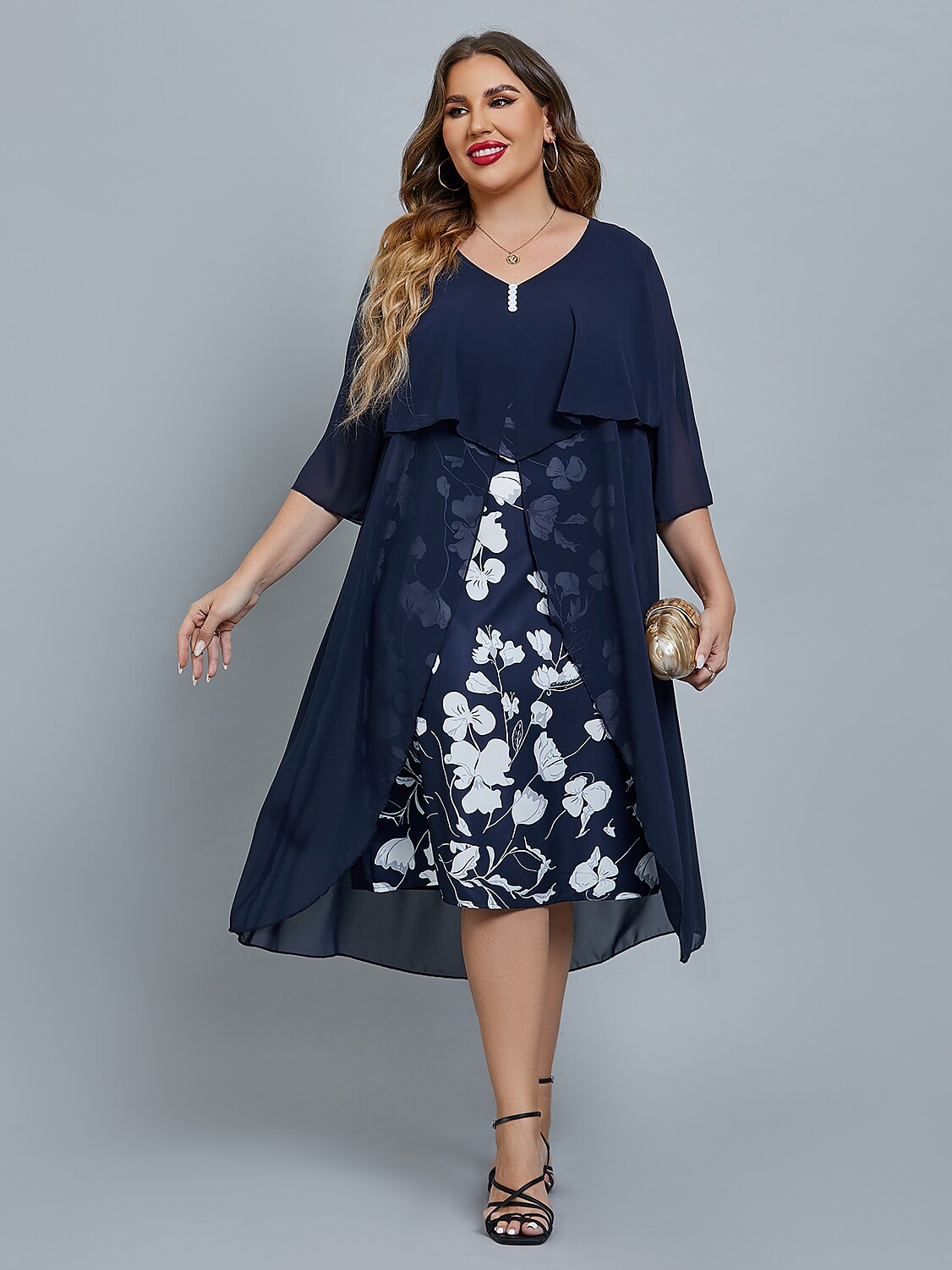 Women's Plus Size Curve Party Dress Floral V Neck Mesh 3/4 Length Sleeve Fall Spring Elegant Midi Dress Party Date Dress / Layered / Print