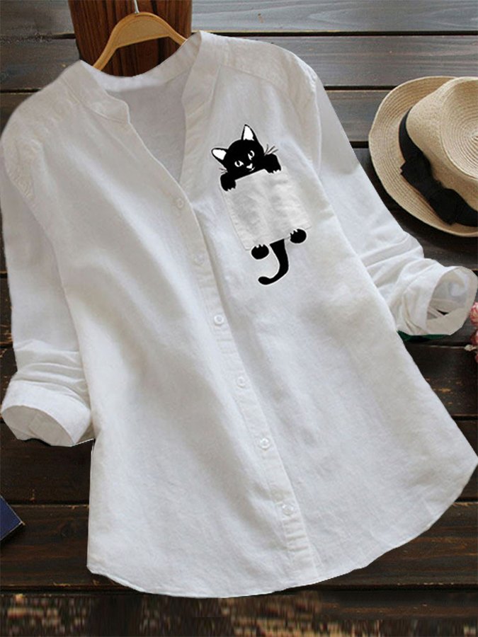 Women's Cotton Linen Cat Print Casual Loose Long Sleeve Shirt