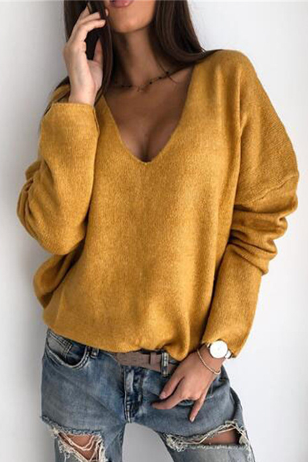 Casual Solid Basic V Neck Tops Sweater