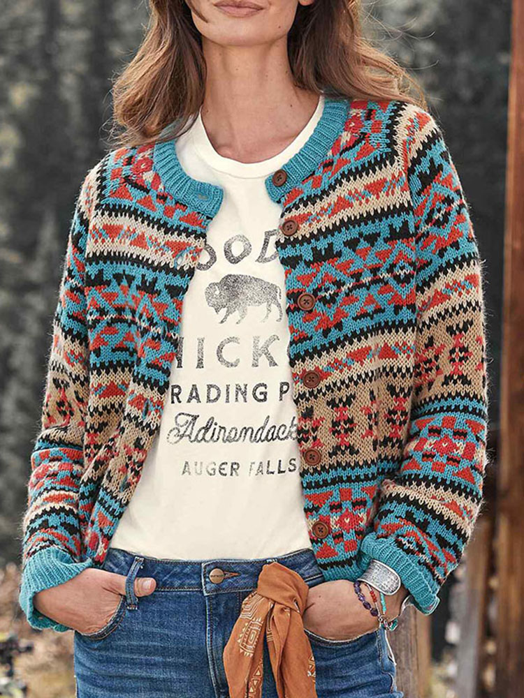Fair Isle Contrast Geometric Jacquard Sweater Cardigan