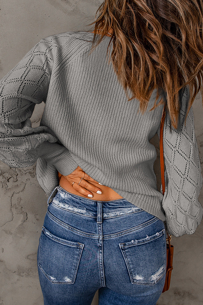 Women's Solid Diamond Long Sleeve Knit Sweater