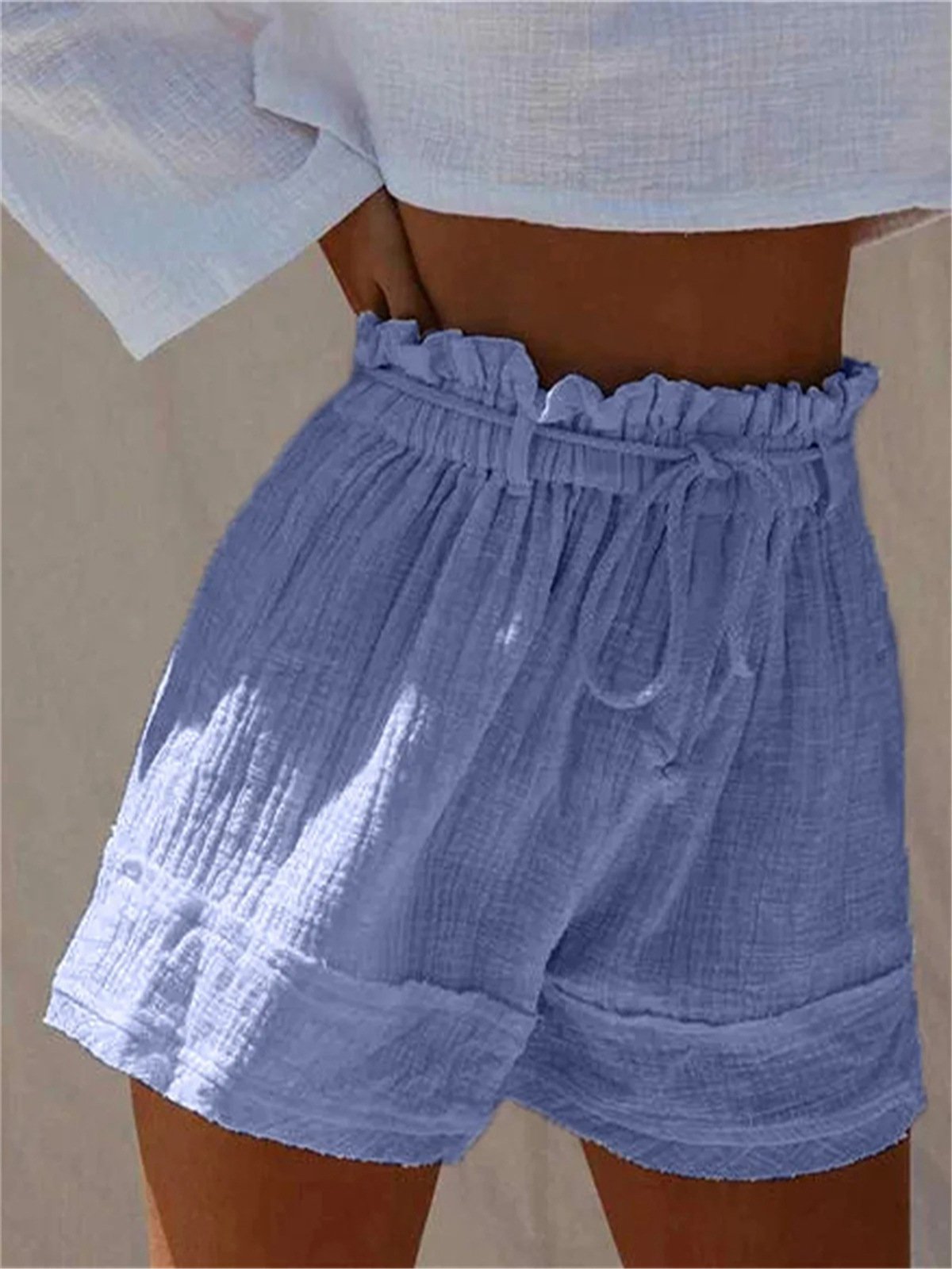 Ladies Cotton Linen High Waist Casual Shorts