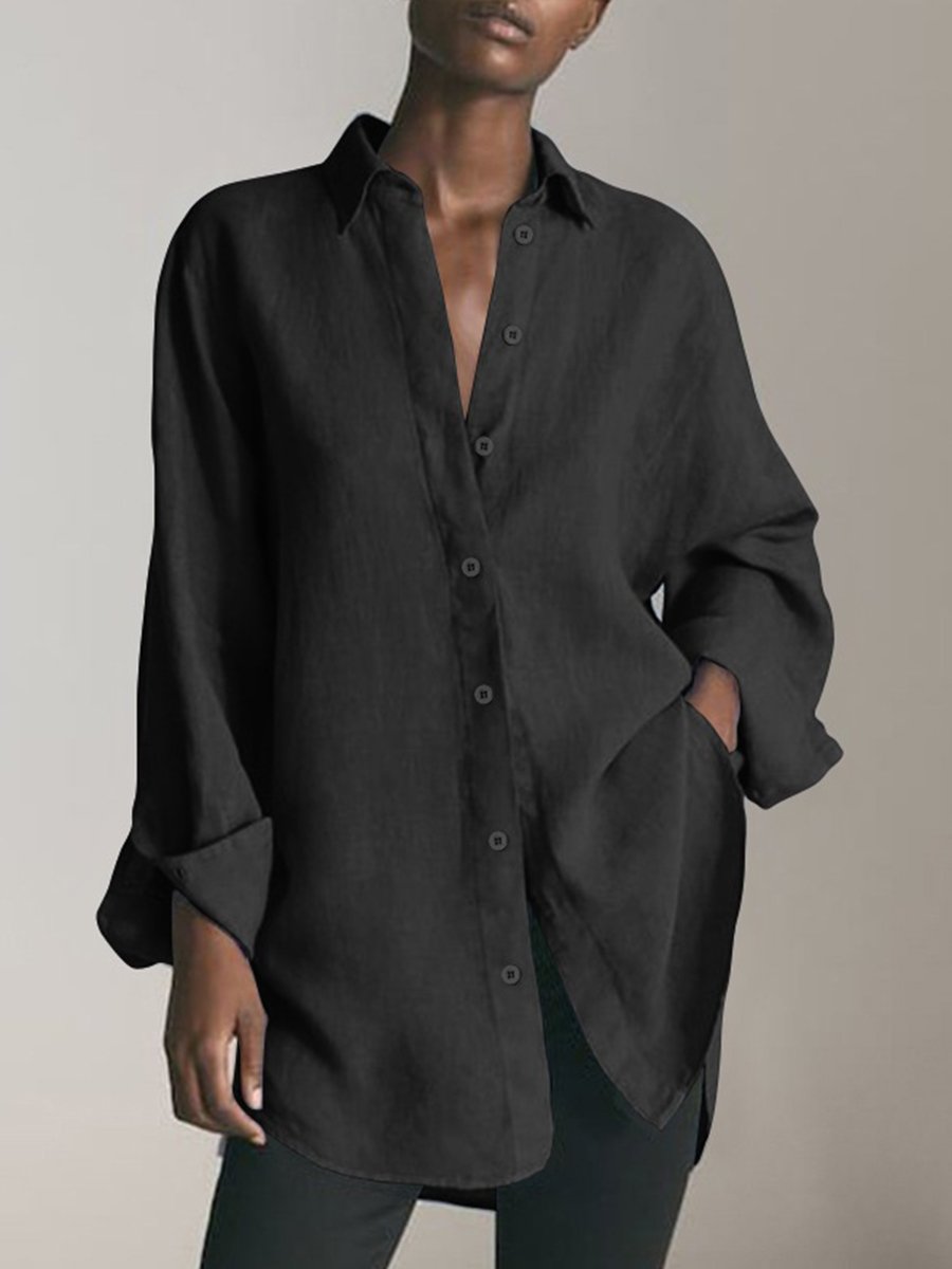 Women's Solid Color Cotton Linen Long Sleeve Shirt