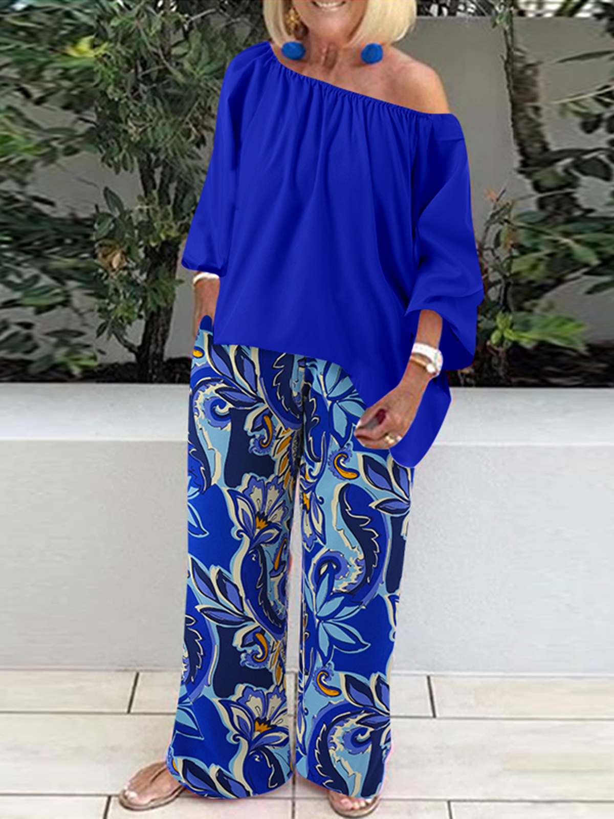 One-Shoulder Three-Quarter Sleeve Top and Wide-Leg Pants Suit