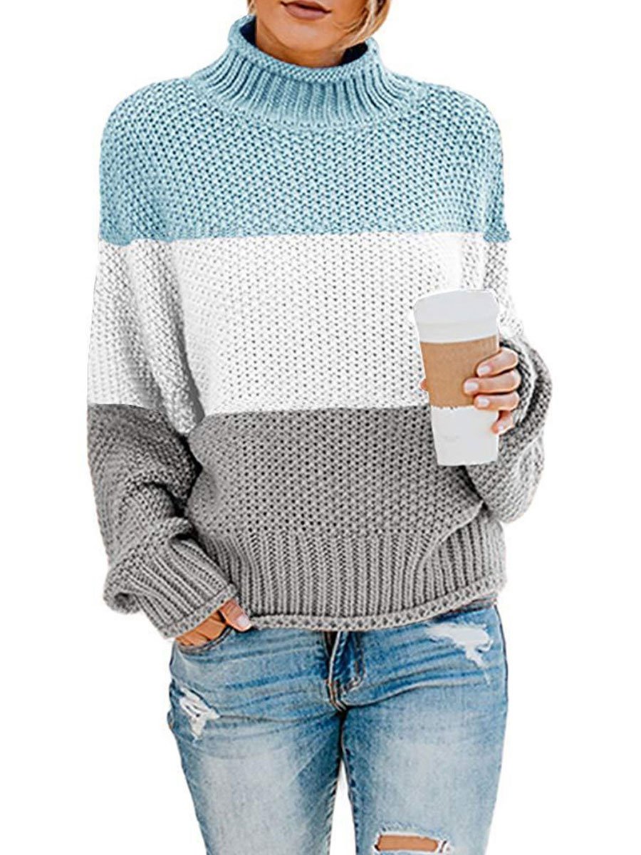 Color block turtleneck knitted sweater