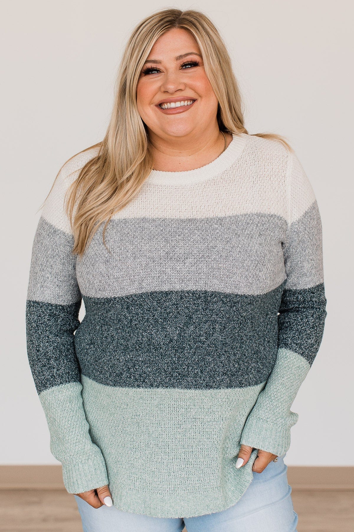 All About Autumn Color Block Knit Sweater- Gray & Forest Green