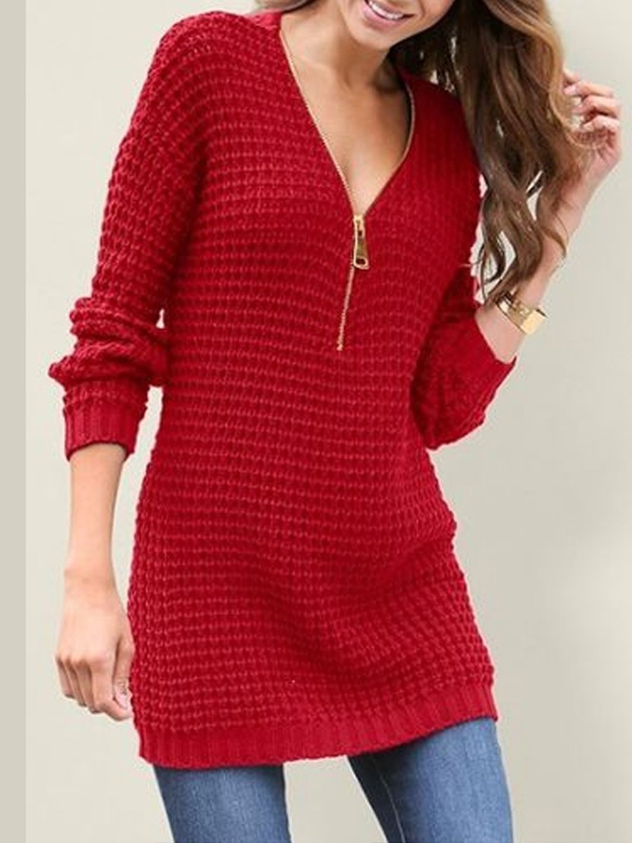 Zipper Sexy Deep V Neck Sweater