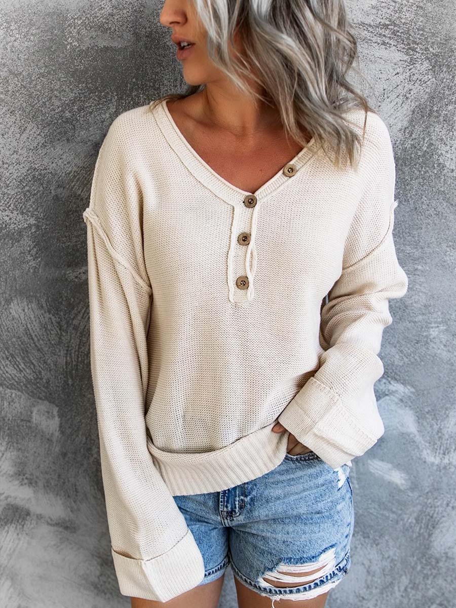 V-neck Drop-shoulder Sleeve Single-breasted Sweater