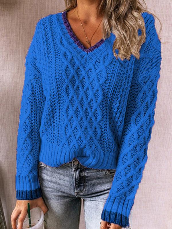 Women's Twisted V-Neck Knitted Long Sleeve Sweater