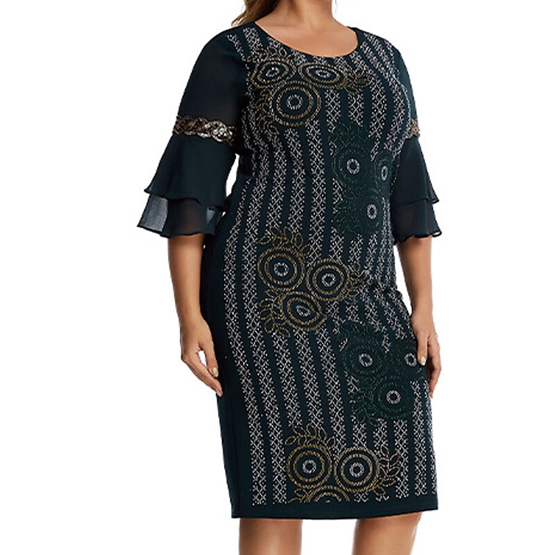 Women's Plus Size Holiday Dress Floral Crew Neck Ruffle Vintage Dress