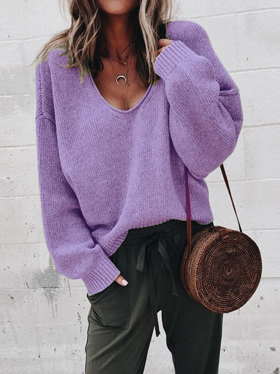 Loose Fitted V-Neck Solid Color Long Sleeves Sweater