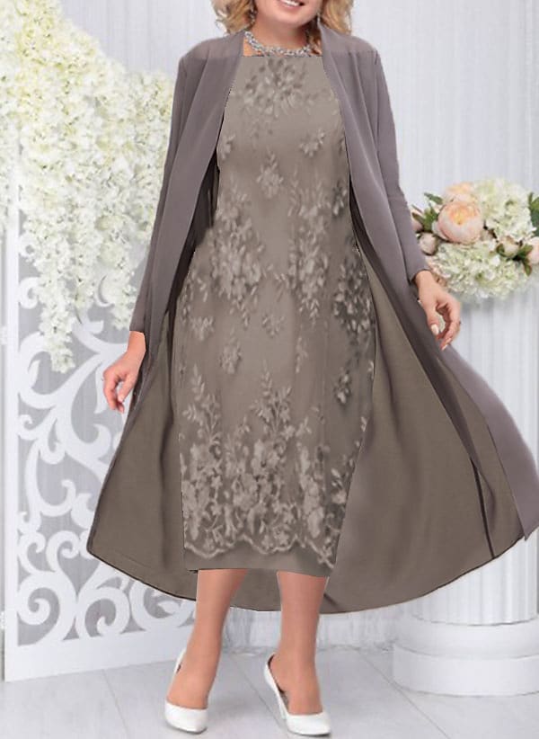 Women's Plus Size Two Piece Dress Floral Crew Neck Ruched Long Sleeve Dress