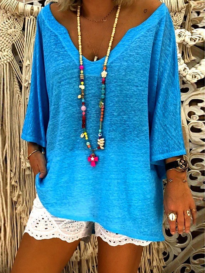 Women's Casual Solid Color Deep V Batwing Sleeve T-Shirt