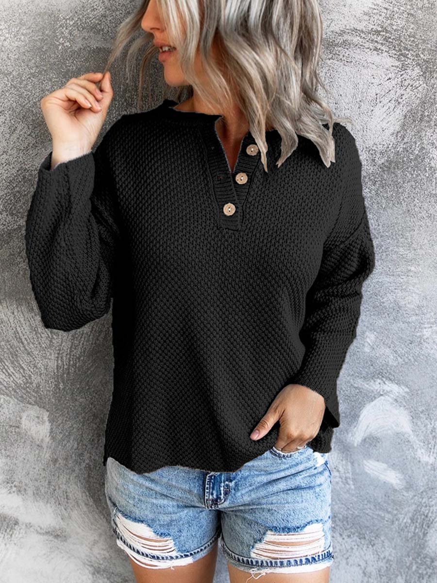 Drop-shoulder Sleeve Buttons Loose Sweater