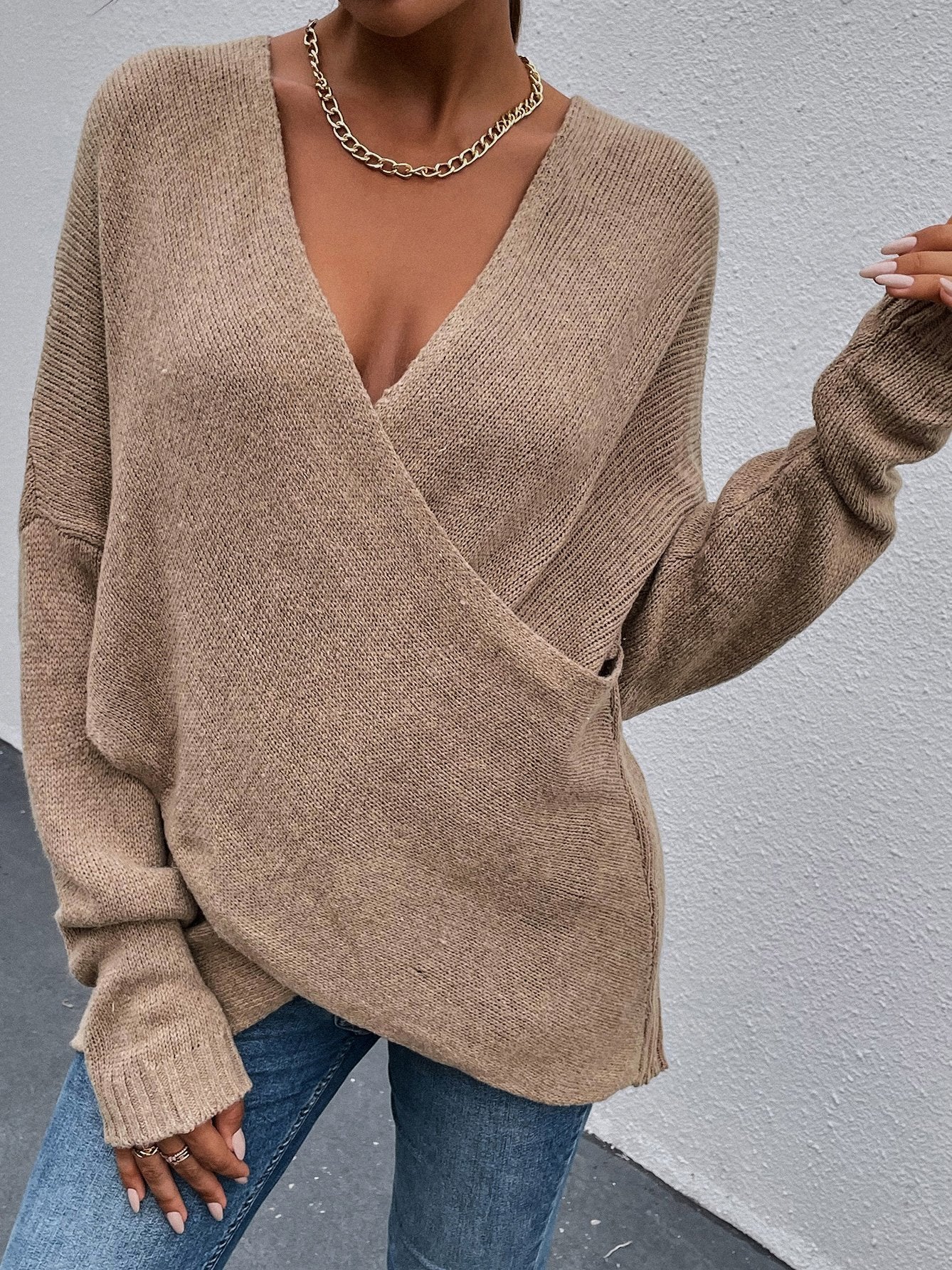 Women's Cross V-Neck Long Sleeve Knitted Sweater