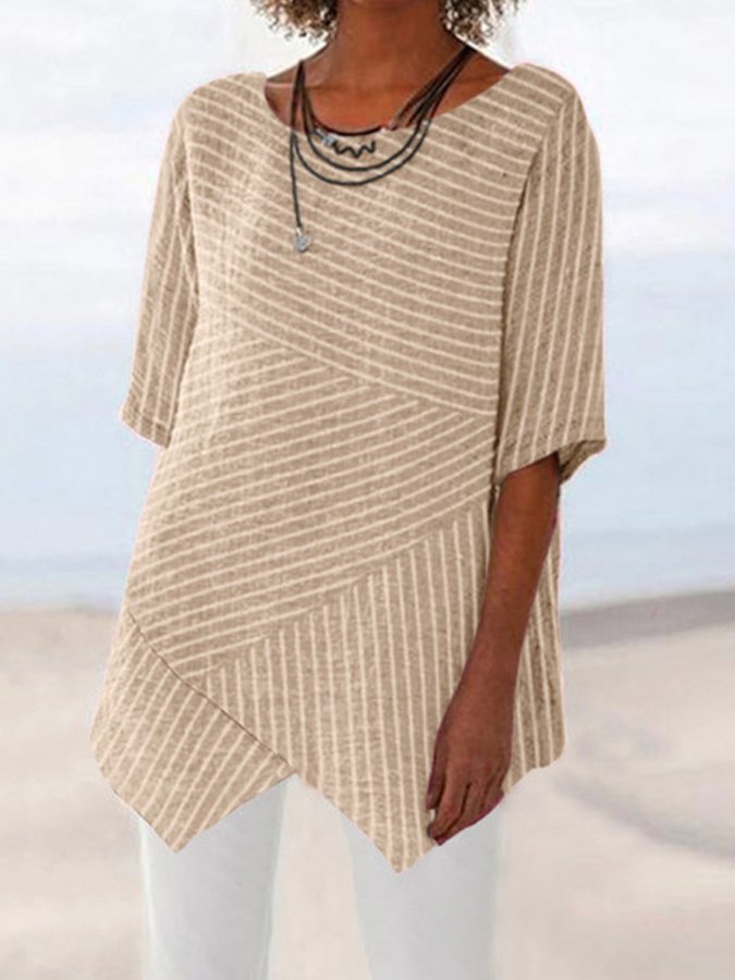 Women's Cotton Linen Fashion Round Neck Irregular Hem Striped Half Sleeve Top