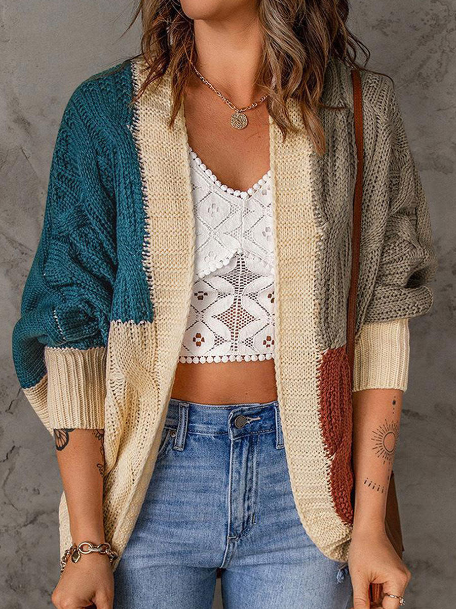 Casual Loose Sweater Contrast Panel Cardigan