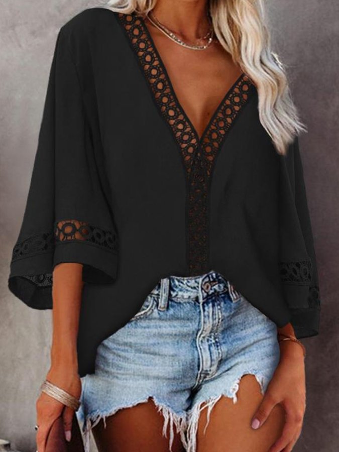 Women's Sexy V-Neck Cutout Lace Shirt