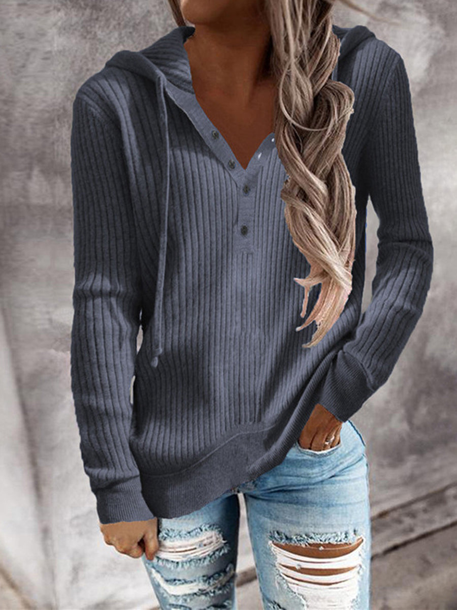 Women's Solid Knit Button Long Sleeve Sweater