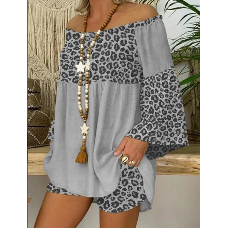 Leopard Splicing Loose plus Size Cotton and Linen Suit