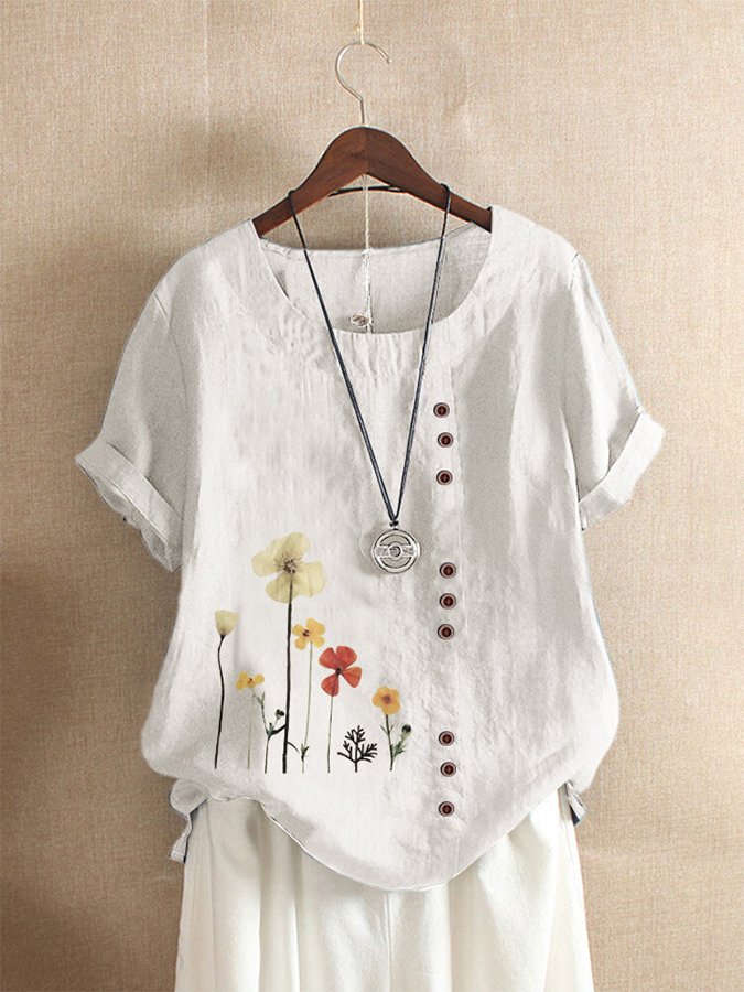 Women's Fashion Flower Print Casual Round Neck Long Sleeve T-Shirt