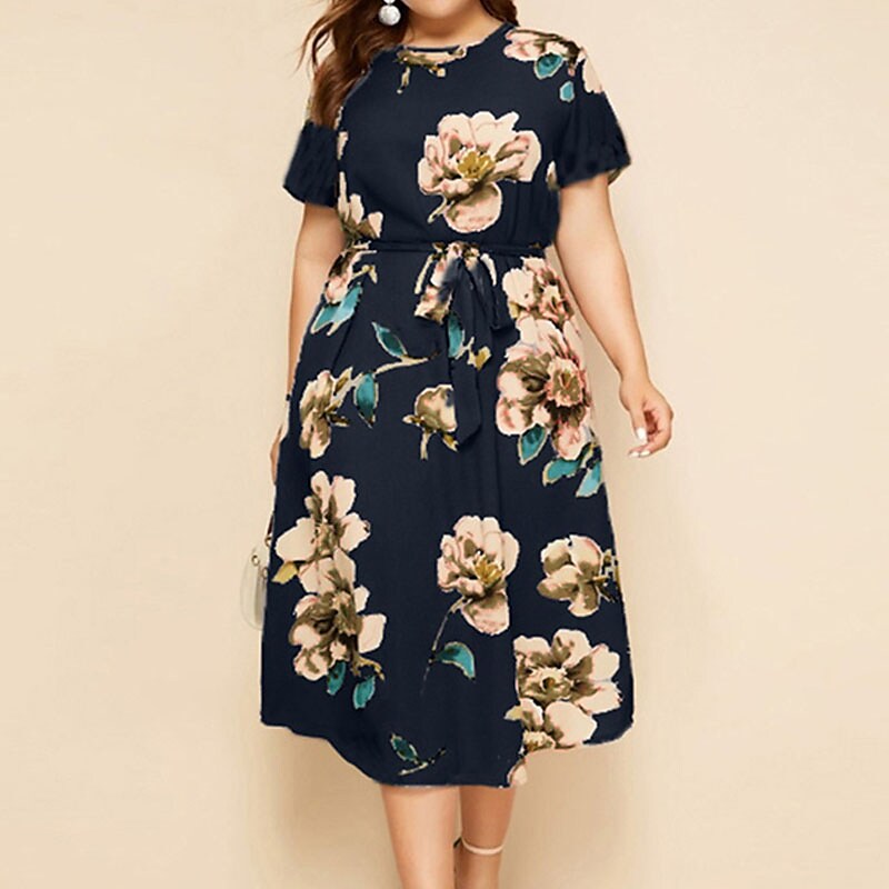 Women's Plus Size A Line Dress Floral Casual Midi Dress