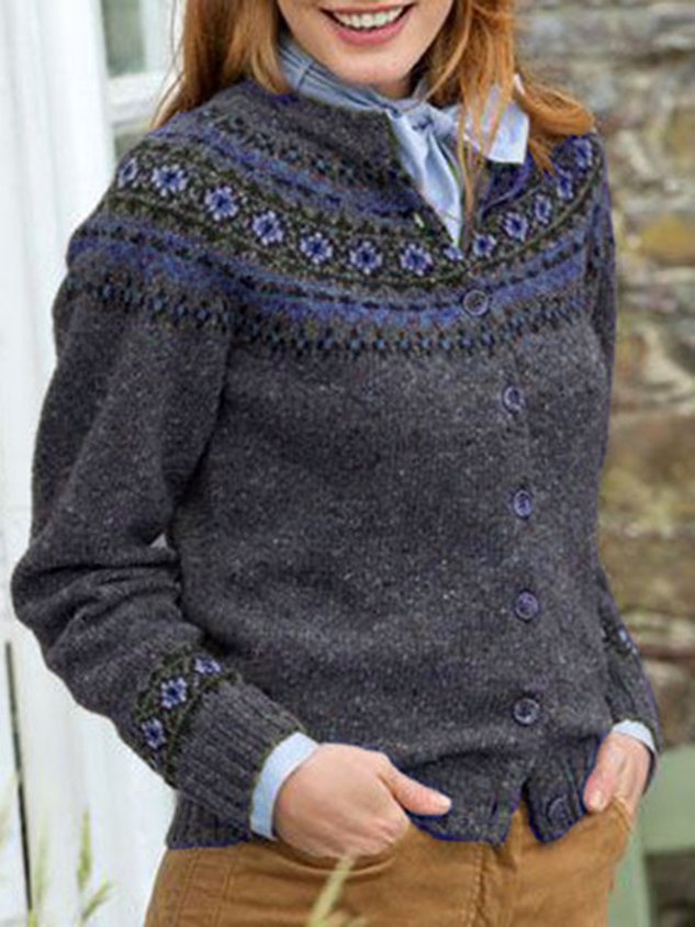 Long Sleeve Knitted Color-Block Geometric Outerwear