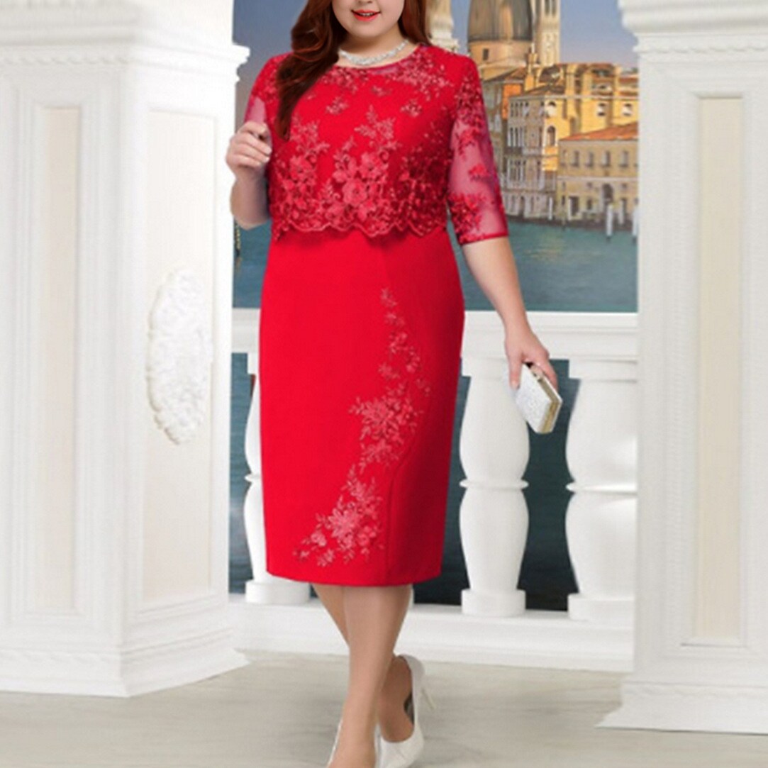 Women's Plus Size Party Dress Floral Crew Neck Lace Dress