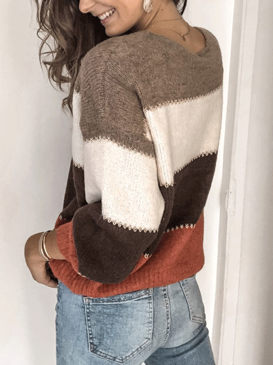 Contrast Stitching Crew Neck Knitted Sweater