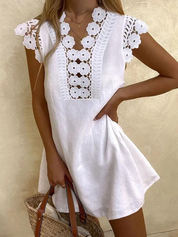Solid Color Lace V-Neck Short Sleeve Casual Dress