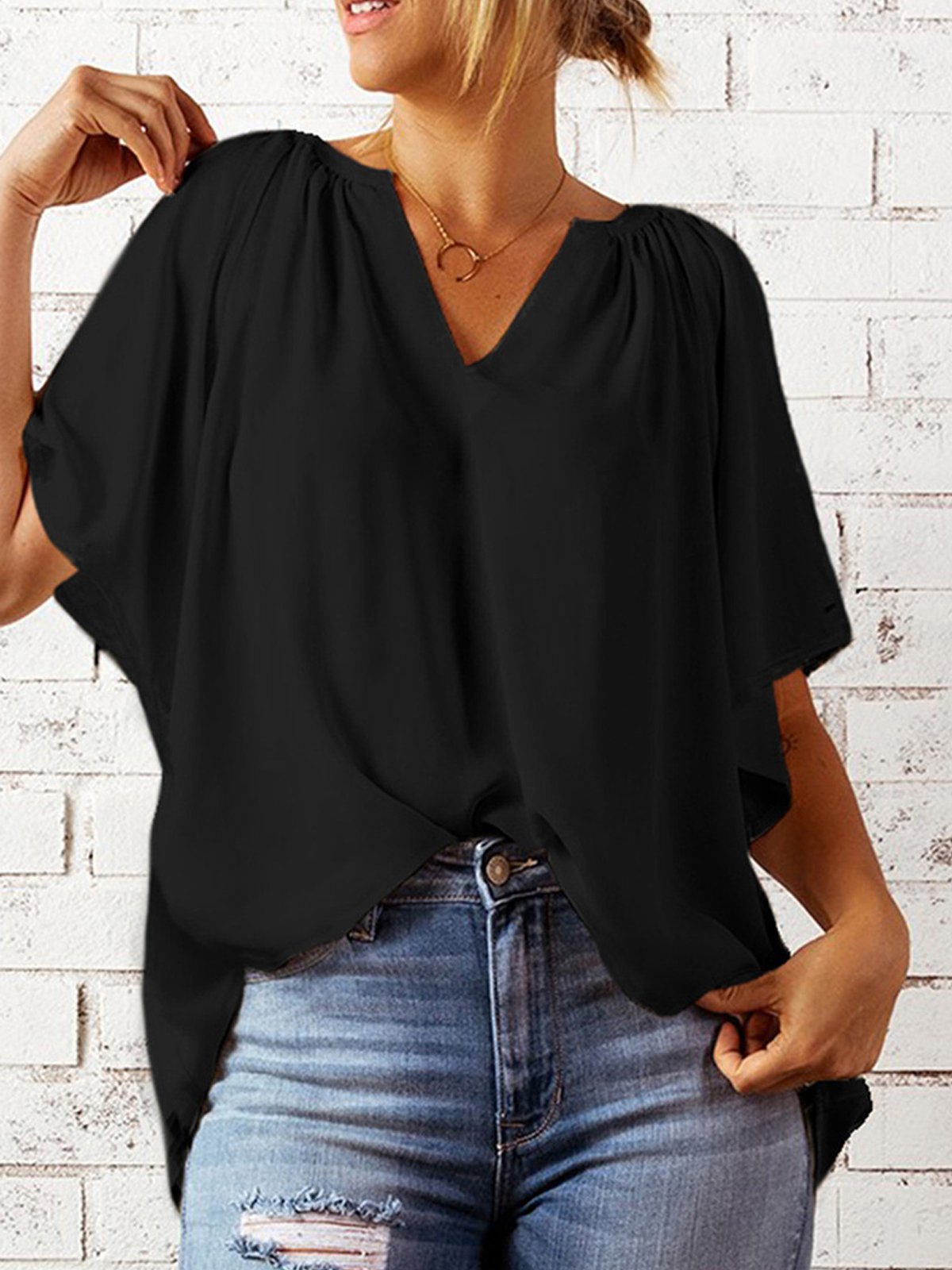 Women's Pure Color Gathered V-Neck Ruffle Sleeve Chiffon Shirt