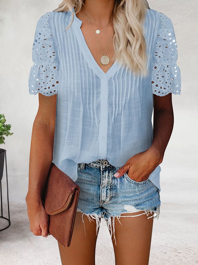Solid V-neck Pleated Lace Short Sleeve Top