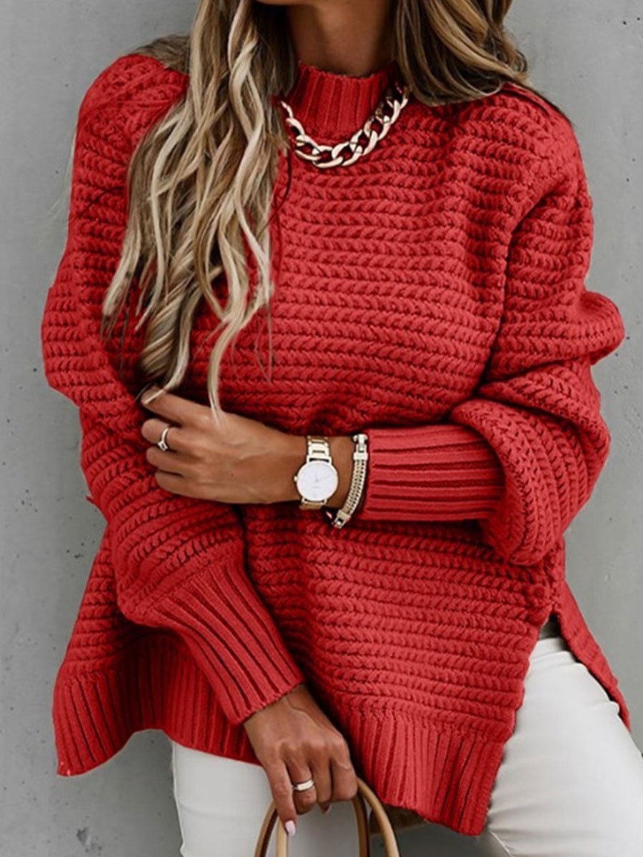 Solid color side slit knit sweater