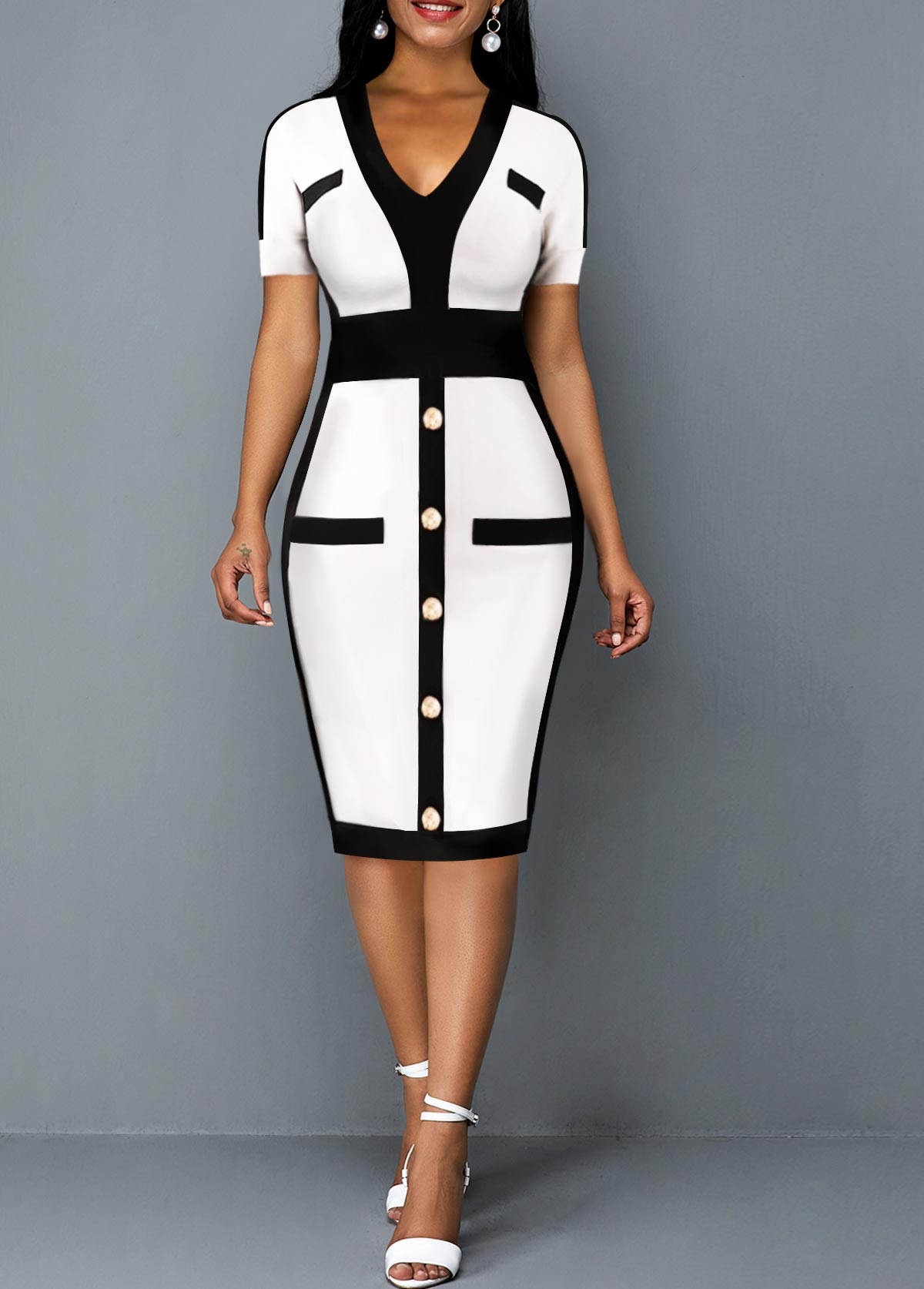 V Neck Short Sleeve Contrast Dress