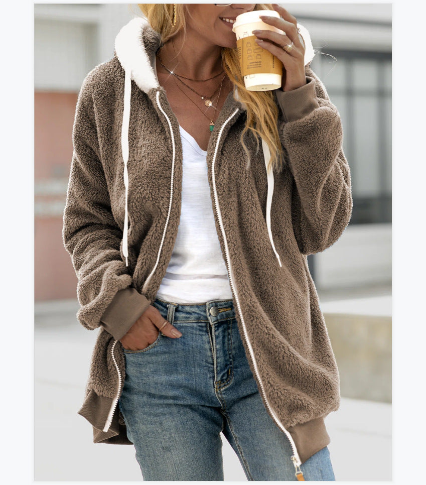 Women's Loose Plush Zip Hooded Sweater Jacket