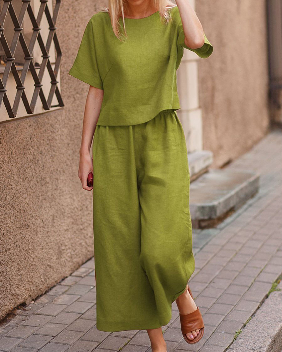 Linen casual loose solid color suit two piece set